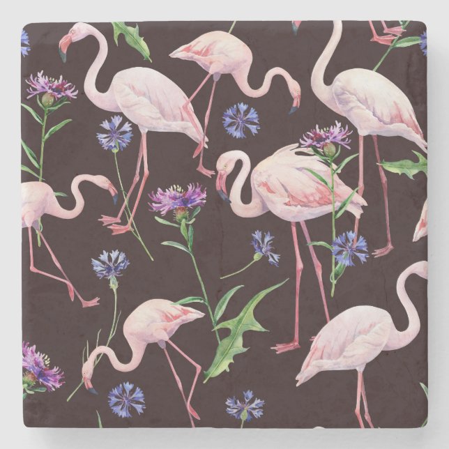 Watercolor flamingos and wild flowers pattern. stone coaster (Front)