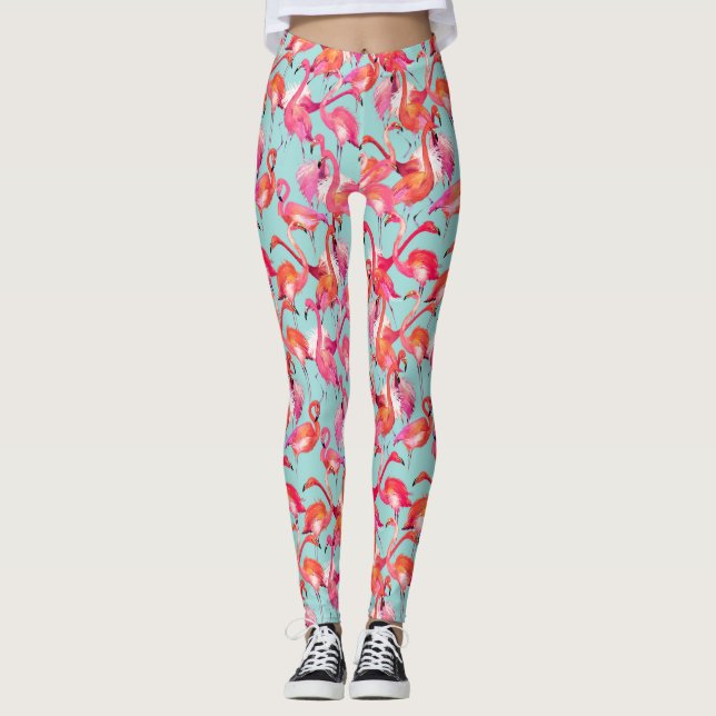 Watercolor Flamingos Gathered 2 Leggings (Front)
