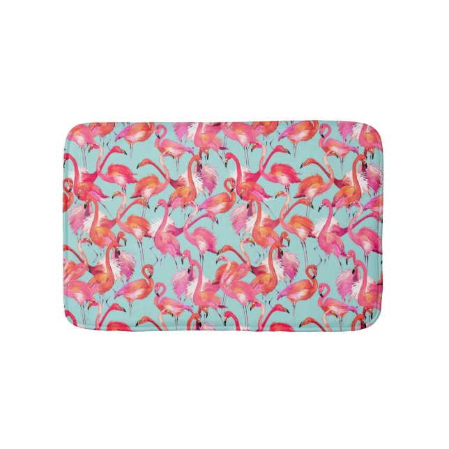 Watercolor Flamingos Gathered Bathroom Mat (Front)