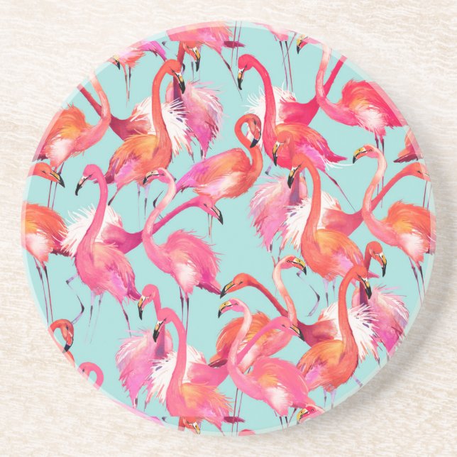 Watercolor Flamingos Gathered Drink Coaster (Front)