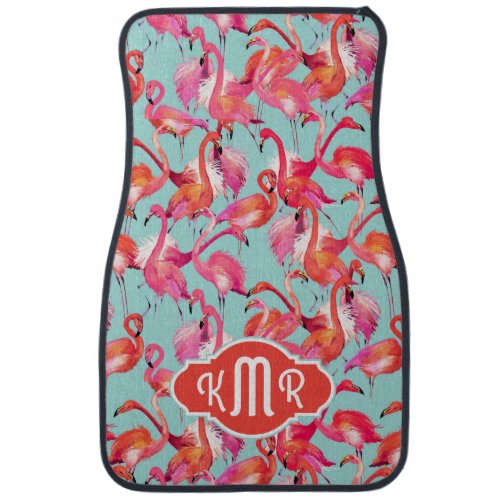 Watercolor Flamingos Gathered  Monogram Car Floor Mat