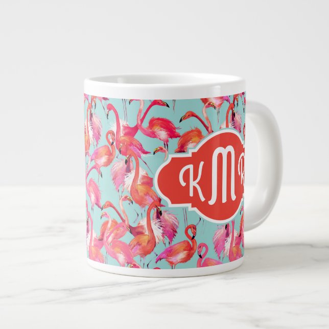 Watercolor Flamingos Gathered | Monogram Giant Coffee Mug (Front Right)