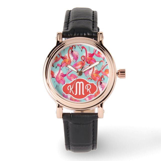 Watercolor Flamingos Gathered | Monogram Watch (Front)