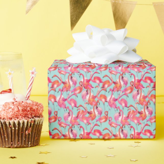 Watercolor Flamingos Gathered Wrapping Paper (Birthday Party)