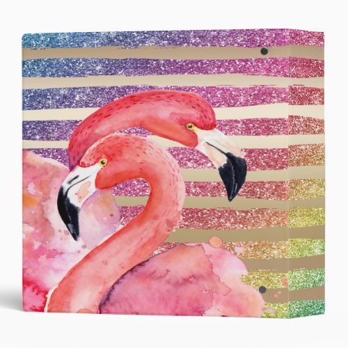 Watercolor Flamingos Glitter Gold Stripes 3 Ring Binder