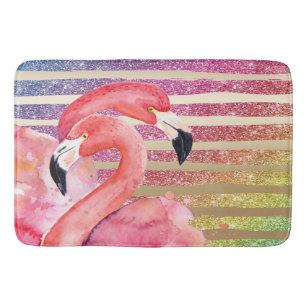 Watercolor Flamingos Glitter Gold Stripes Bath Mat