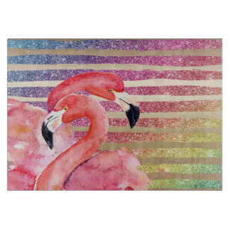 Watercolor Flamingos Glitter Gold Stripes Cutting Board