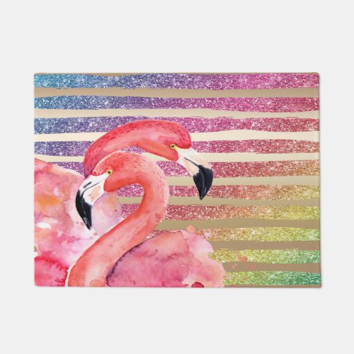 Watercolor Flamingos Glitter Gold Stripes Doormat