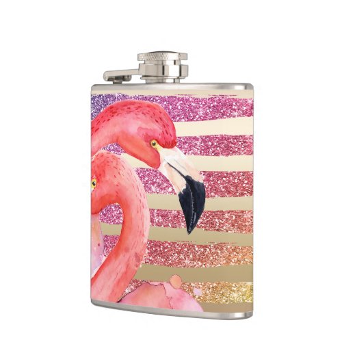 Watercolor Flamingos Glitter Gold Stripes Hip Flask