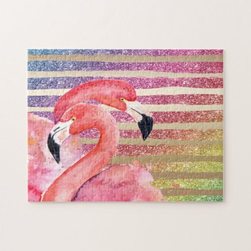Watercolor Flamingos Glitter Gold Stripes Jigsaw Puzzle