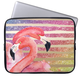 Watercolor Flamingos Glitter Gold Stripes Laptop Sleeve