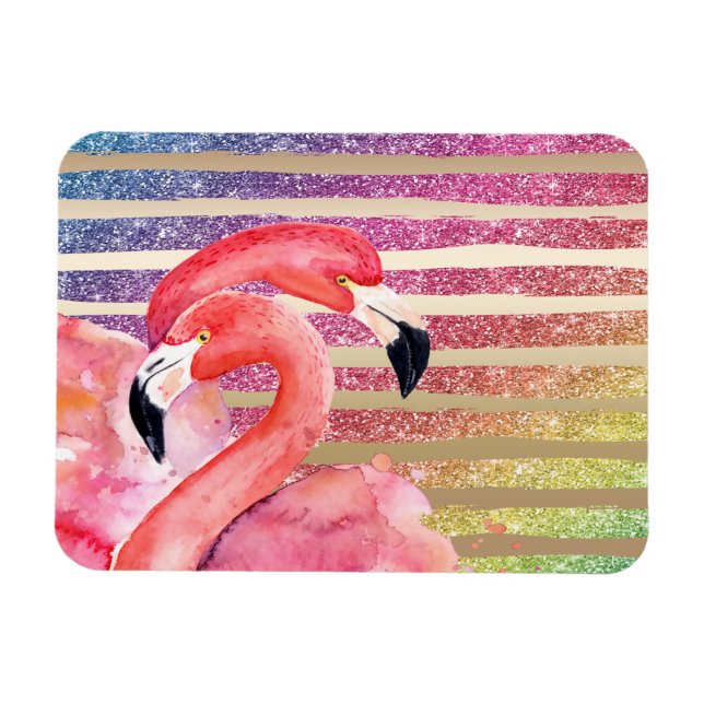 Watercolor Flamingos Glitter Gold Stripes Magnet (Horizontal)