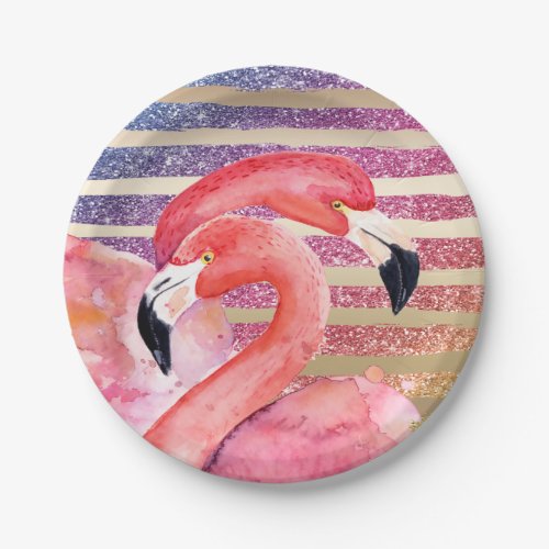 Watercolor Flamingos Glitter Gold Stripes Paper Plates