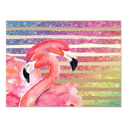 Watercolor Flamingos Glitter Gold Stripes Photo Print