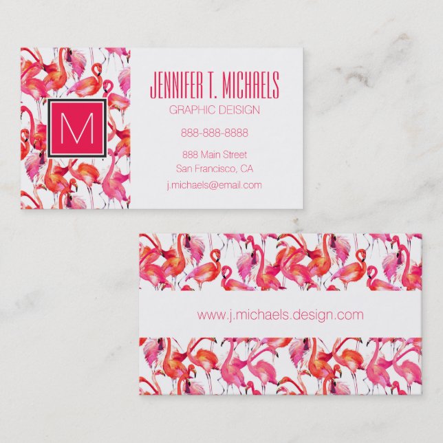 Watercolor Flamingos In Watercolors | Monogram Business Card (Front/Back)
