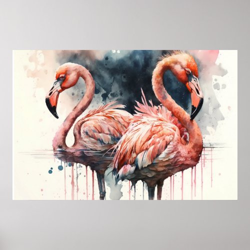 Watercolor Flamingos Pink Tropical  Poster