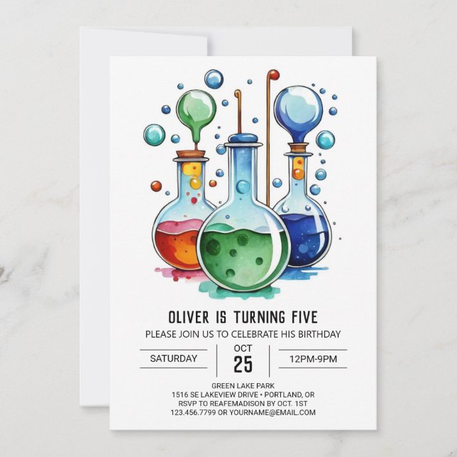 Watercolor Flask Discovery Scientist Birthday Invitation (Front)