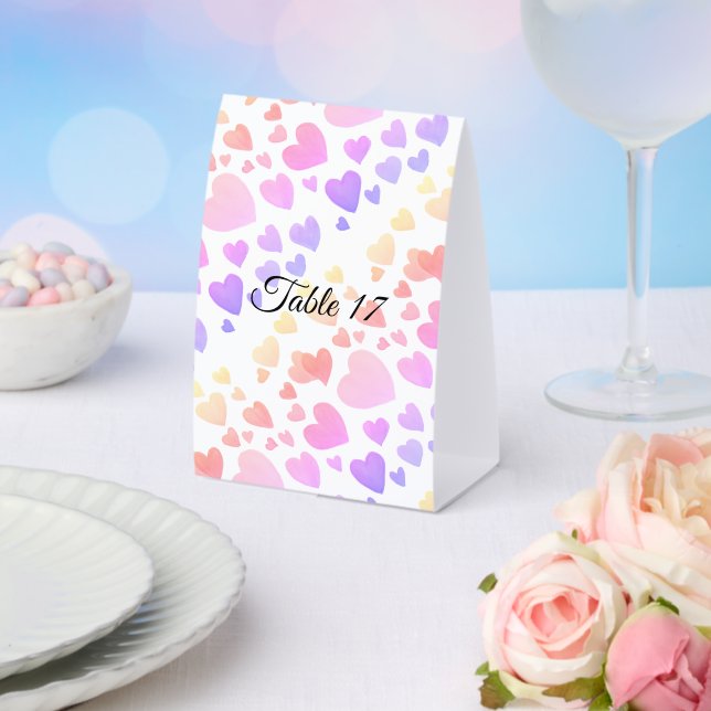 Watercolor Floating Hearts (Customizable) Paper Table Tent (Insitu(Wedding))