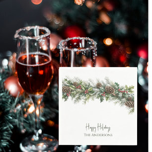 Watercolor Flocked Garland Personalized Holiday Napkins
