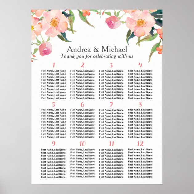 Watercolor Floral 15 Tables Wedding Seating Chart