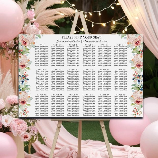 Watercolor Floral 18 Tables Wedding Seating  Foam Board (Creator Uploaded)