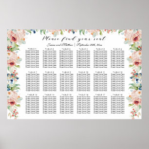 Watercolor Floral 18 Tables Wedding Seating Poster