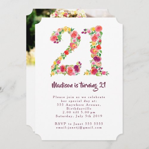 Watercolor Floral 21st Birthday Photo Shaped Invitation