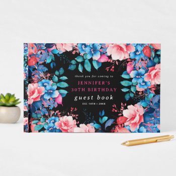 Watercolor Floral 30th Birthday Guest Book Black by Rewards4life at Zazzle
