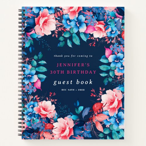 Watercolor Floral 30th Birthday Guest Book Navy 