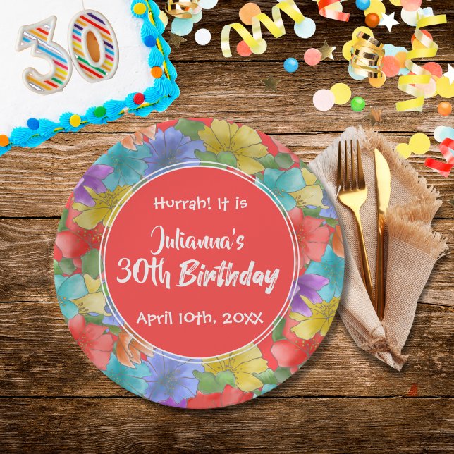 Watercolor Floral 30th Birthday Paper Plates (Creator Uploaded)