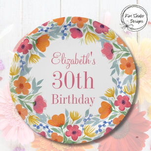 Watercolor Floral 30th Birthday Paper Plates