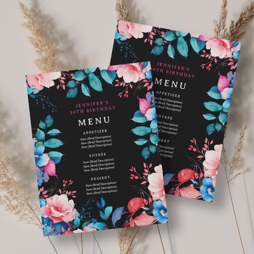 Watercolor Floral 30th Birthday Party Menu Black  Invitation