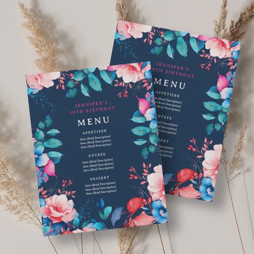 Watercolor Floral 30th Birthday Party Menu Navy  Invitation