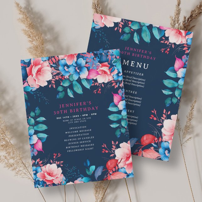 Watercolor Floral 30th Birthday Program Menu Navy  (Watercolor Floral 30th Birthday Program Menu Navy )