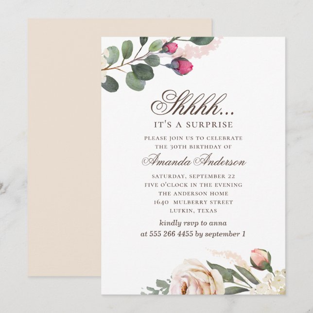 Watercolor floral 30th Birthday surprise party Invitation (Front/Back)