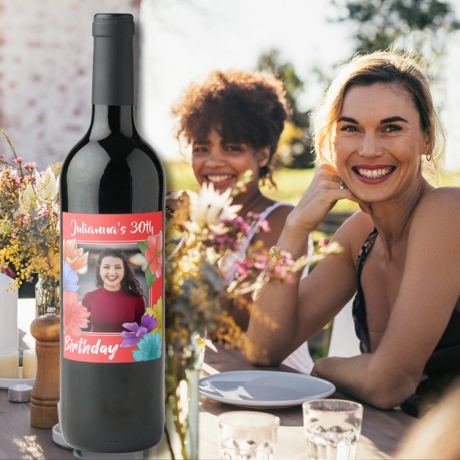 Watercolor Floral 30th Birthday Wine Bottle Label (Creator Uploaded)