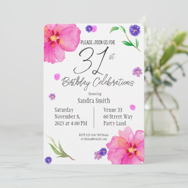 Watercolor Floral 31st Birthday Invitation  (Standing Front)