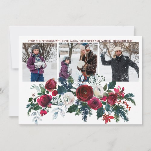 Watercolor floral 3 photos collage Christmas Holiday Card