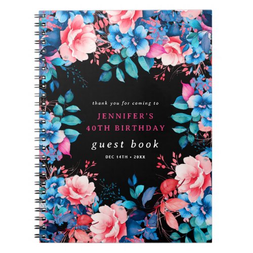 Watercolor Floral 40th Birthday Guest Book Black