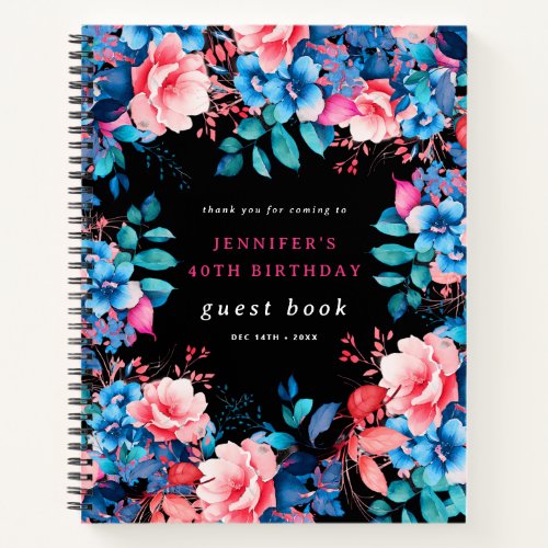 Watercolor Floral 40th Birthday Guest Book Black