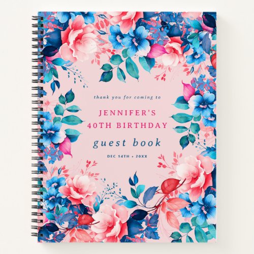 Watercolor Floral 40th Birthday Guest Book Blush