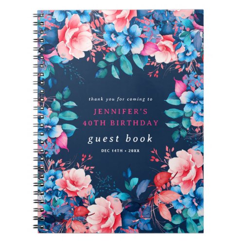 Watercolor Floral 40th Birthday Guest Book Navy 