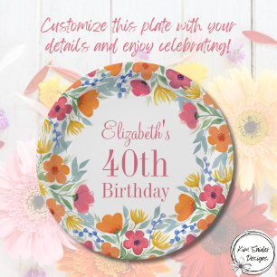 Watercolor Floral 40th Birthday Paper Plates