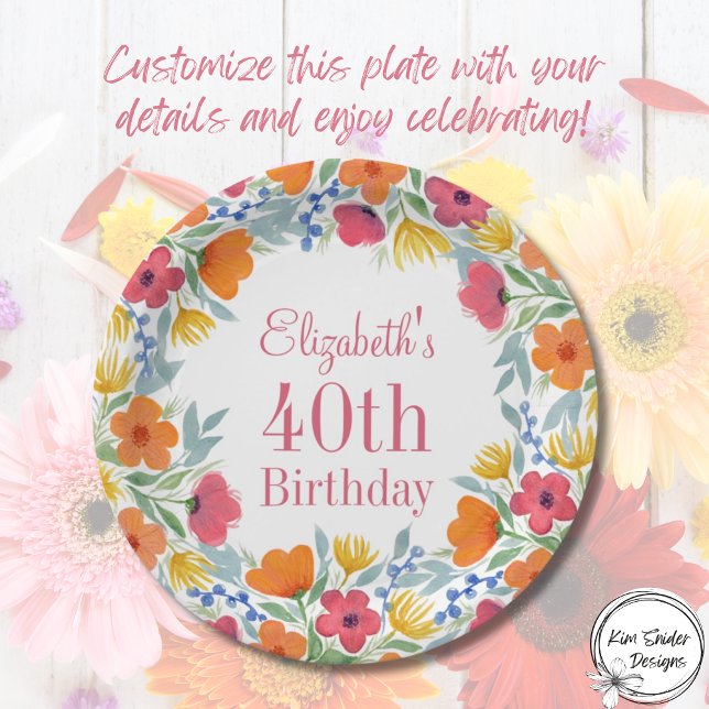 Watercolor Floral 40th Birthday  Paper Plates (Creator Uploaded)
