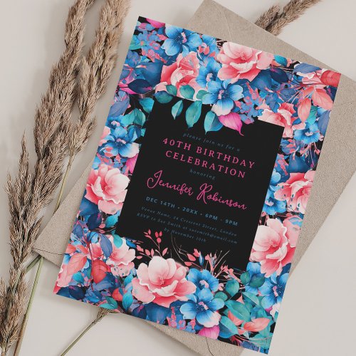 Watercolor Floral 40th Birthday Party Black Invitation