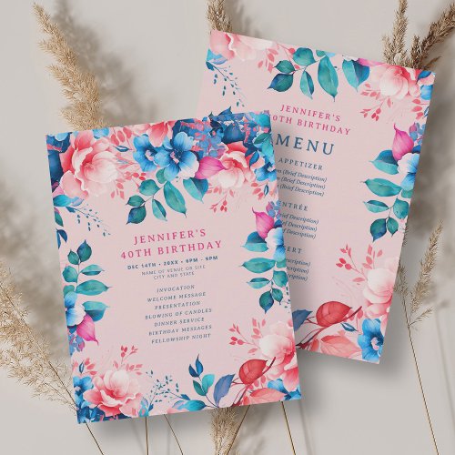 Watercolor Floral 40th Birthday Program Menu Blush