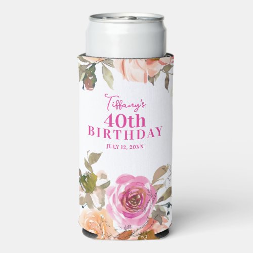 Watercolor Floral 40TH Birthday Seltzer Can Cooler