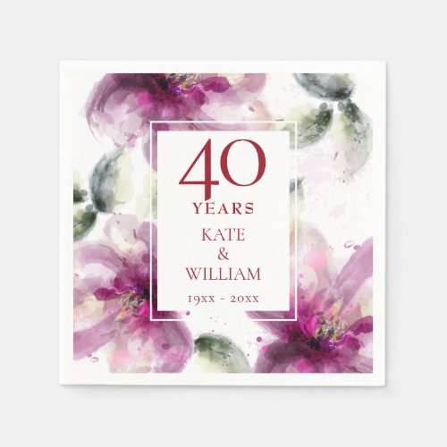 Watercolor Floral 40th Ruby Wedding Anniversary Napkins