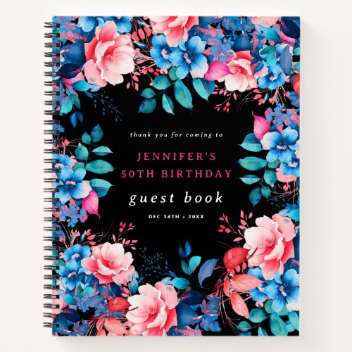 Watercolor Floral 50th Birthday Guest Book Black