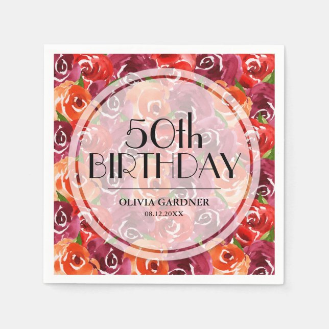 Watercolor Floral 50th Birthday Napkins (Front)
